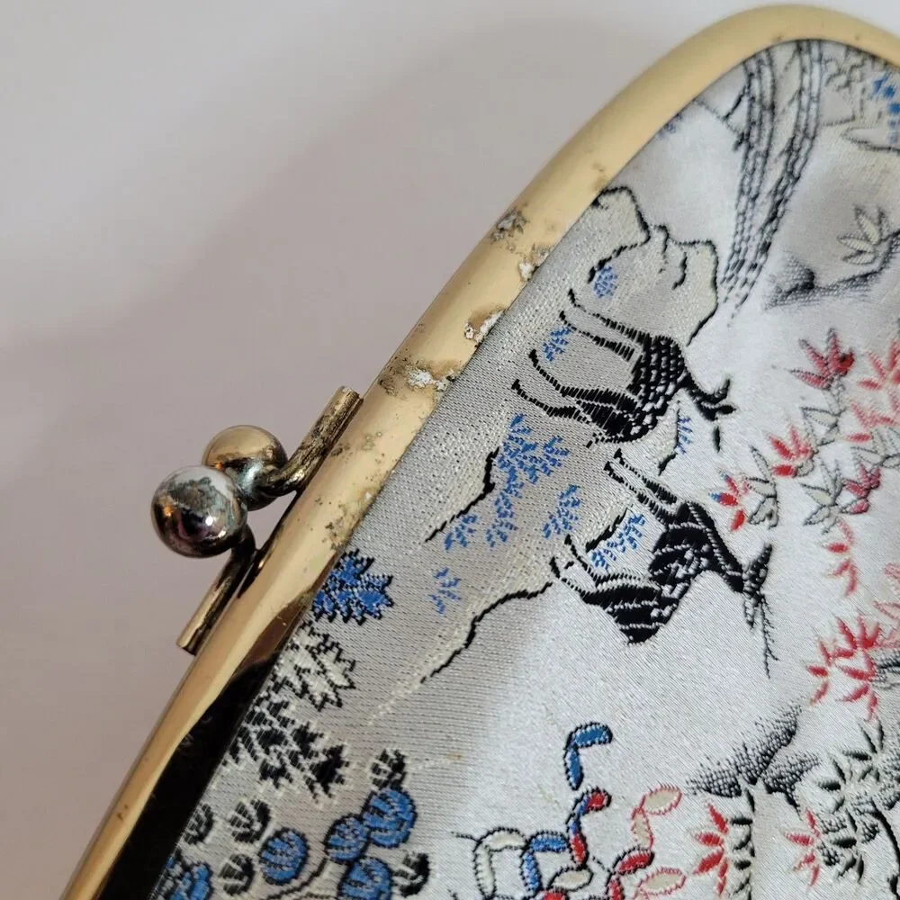 Vintage M Yamamoto & Co. Clutch Satin Brocade Kiss Lock Purse Japan Floral Kyoto